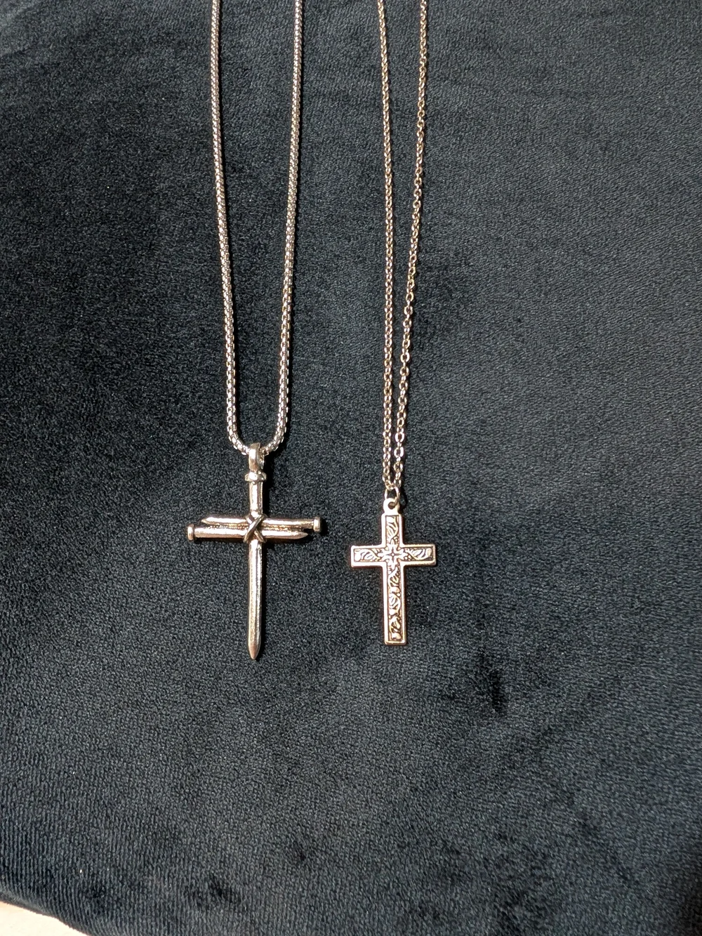 Lot of 2 Silver Tone Cross Charm Pendant Chain Necklaces Religious